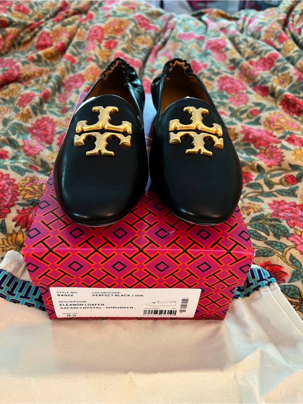 Tory Burch Eleanor Black Leather Loafers with Gold Logo Emblem